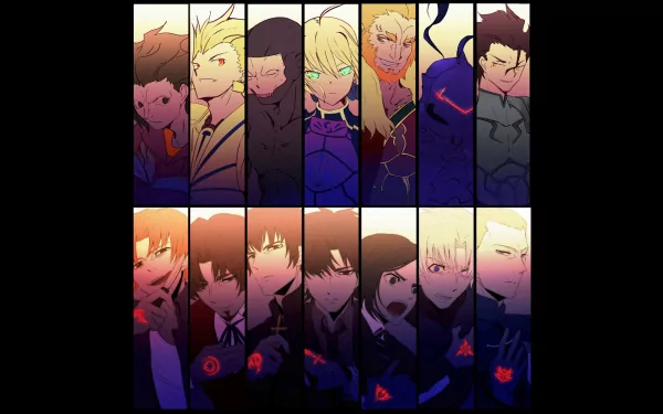 A vibrant HD wallpaper featuring characters from the anime Fate/Zero, showcasing an intense lineup with dramatic lighting and distinct poses that capture the essence of the series.