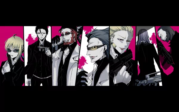 A striking HD wallpaper featuring characters from the Fate series, including Rider, Lancer, Archer, and more, set against a vivid design with dynamic colors and bold graphics.