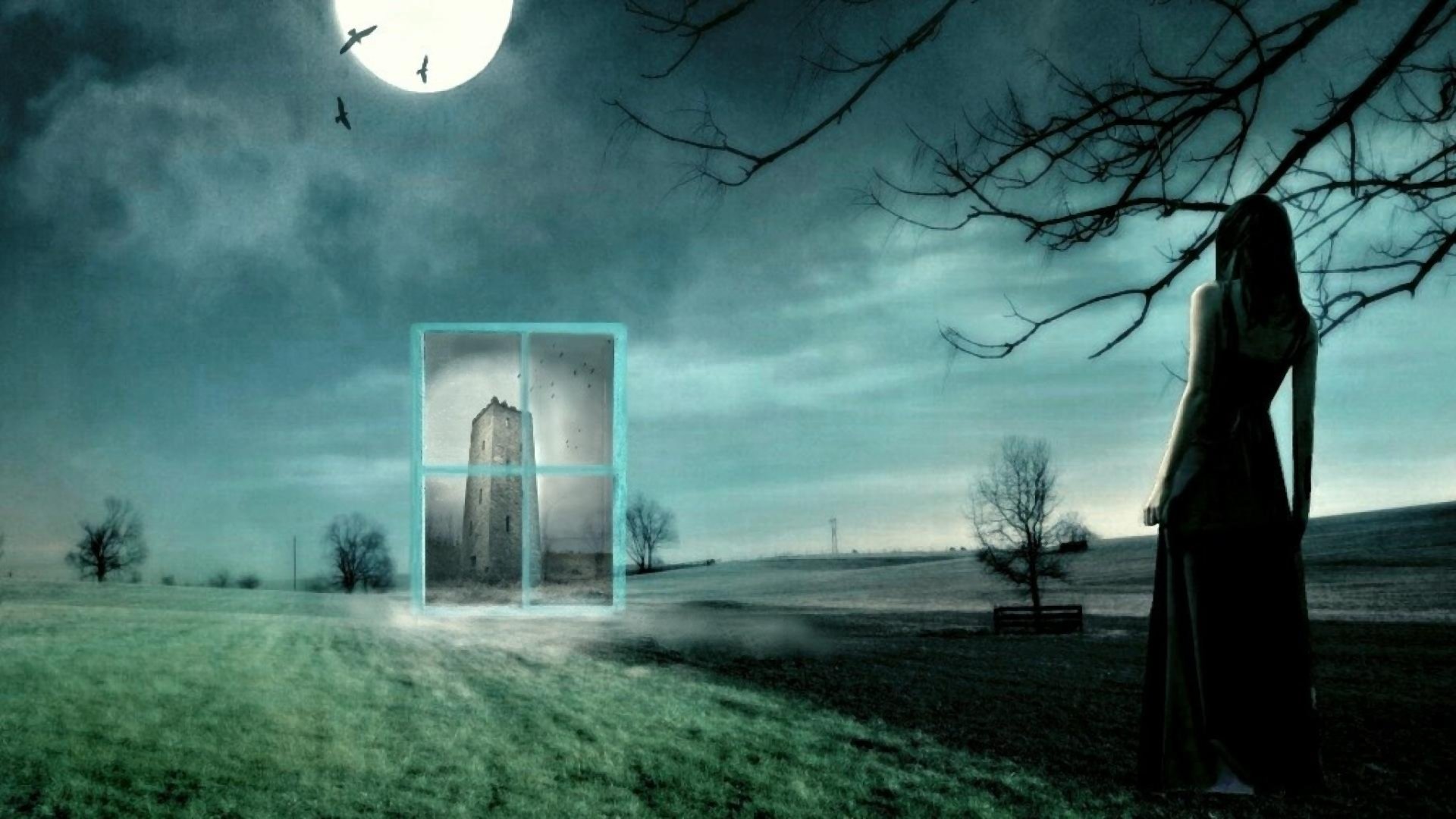 A dark fantasy HD desktop wallpaper depicting a silhouetted woman standing in a field under a moonlit sky. A glowing window frames a mysterious tower, adding an eerie element to the serene landscape.