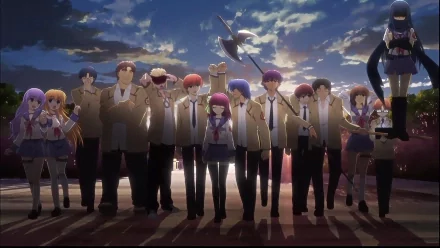 HD PC desktop wallpaper featuring the full cast of the anime Angel Beats! standing together under a dramatic sky with clouds and sunlight.