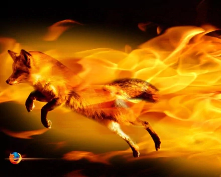 HD PC desktop wallpaper featuring a fiery fox in motion, blending technology and FireFox themes with vibrant flames and dynamic energy.