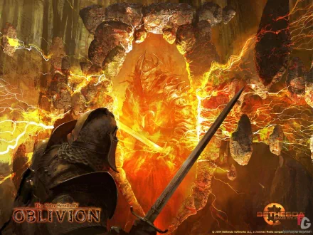 HD PC desktop wallpaper from The Elder Scrolls IV: Oblivion, depicting a warrior facing a fiery, demonic figure surrounded by molten rocks and lightning.