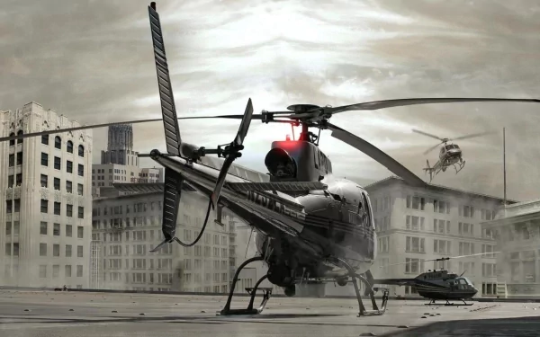 HD PC desktop wallpaper and background: gritty urban rooftop helipad with helicopters (vehicle), one chopper flashing a red beacon and another hovering over a cloudy city skyline.