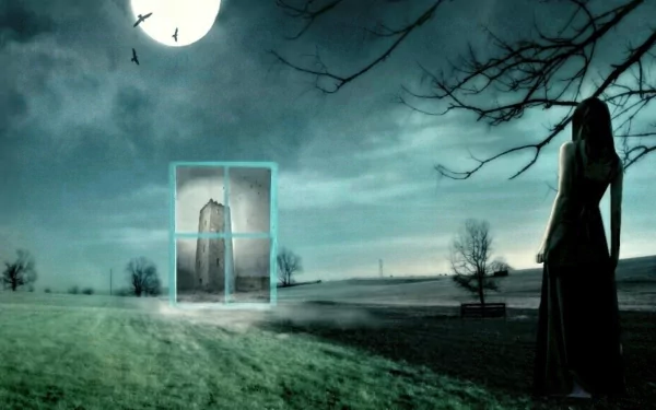 A dark fantasy HD desktop wallpaper depicting a silhouetted woman standing in a field under a moonlit sky. A glowing window frames a mysterious tower, adding an eerie element to the serene landscape.