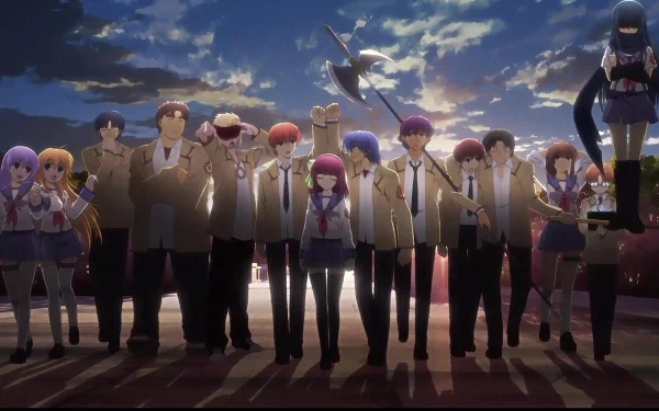 HD PC desktop wallpaper featuring the full cast of the anime Angel Beats! standing together under a dramatic sky with clouds and sunlight.