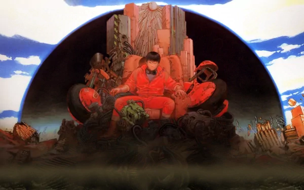 HD anime desktop wallpaper featuring Shotaro Kaneda from Akira, seated with two companions amidst a dark, post-apocalyptic urban backdrop under a moody sky.