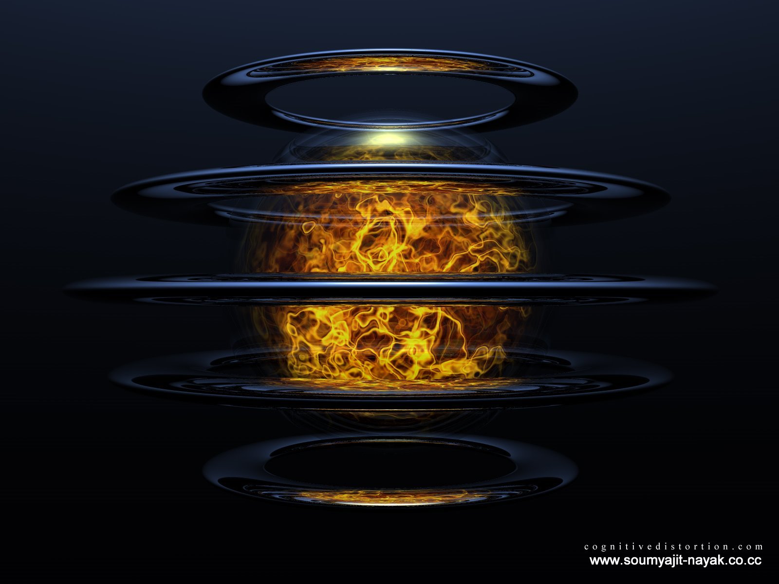 Abstract sci-fi HD desktop wallpaper featuring a glowing fiery orb encased within dark, concentric metallic rings against a deep black background.