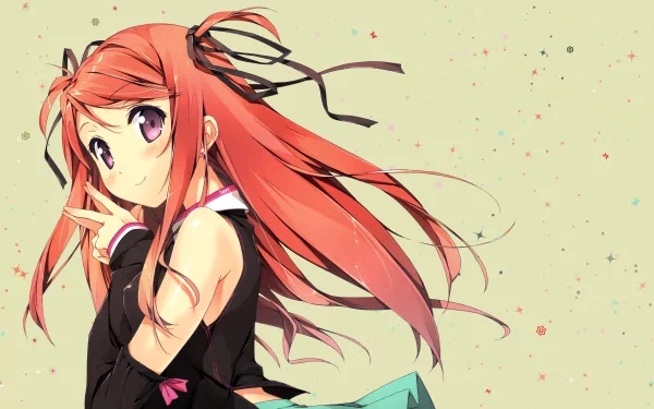 4K Ultra HD PC desktop wallpaper featuring an original anime character from 5 Nenme no Houkago with long red hair and a black outfit against a light, starry background.