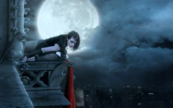 A mysterious vampire perched on a gothic rooftop, under a full moon, amidst swirling clouds, creating an enchanting fantasy scene for an HD desktop wallpaper.