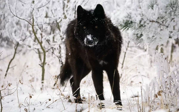 A majestic black wolf stands in a serene, snow-covered forest, showcasing the beauty of winter in this stunning HD wallpaper.