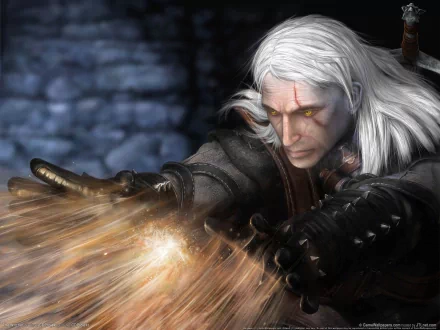 HD PC desktop wallpaper featuring a fierce Witcher character from the video game, casting a magical spell with glowing hands and intense red eyes.