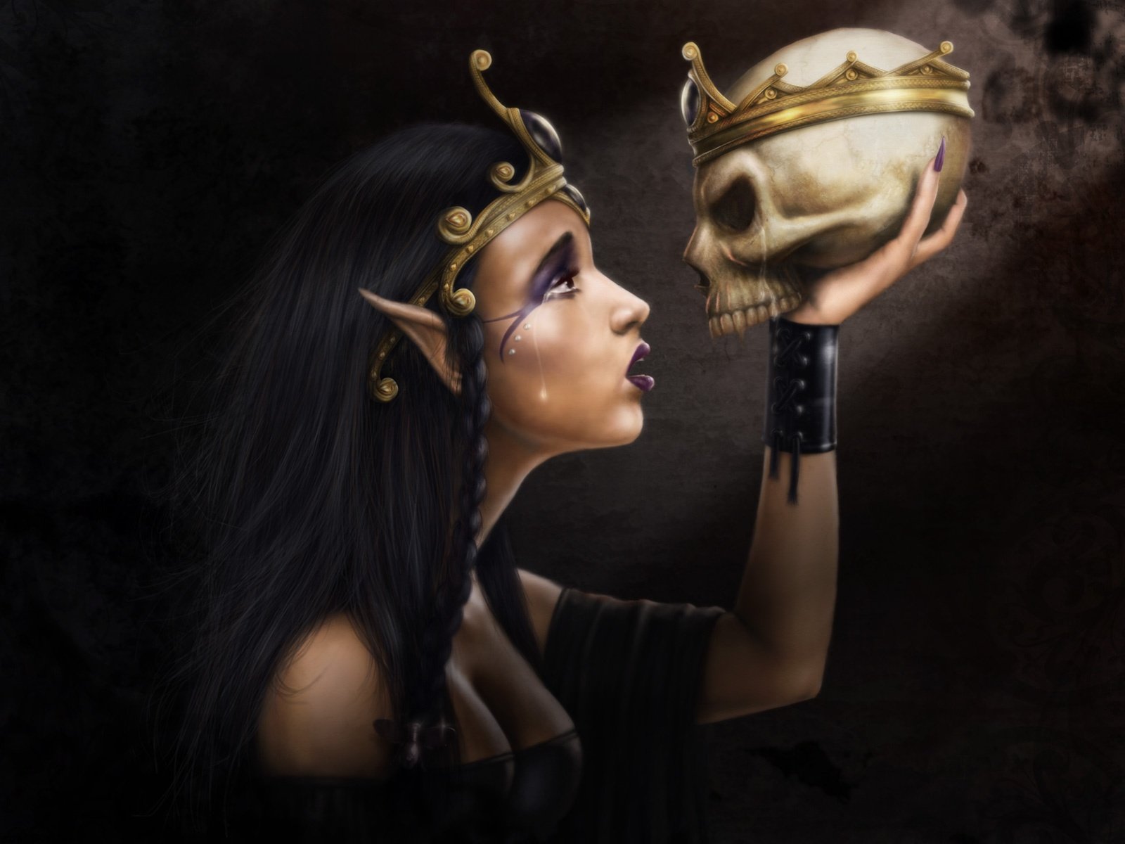A fantasy-themed HD wallpaper featuring a woman with long dark hair, wearing a crown, gazing at a skull adorned with a golden crown, embodying a mystical and captivating aura.