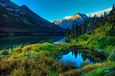 HD scenic nature wallpaper featuring a tranquil mountain lake surrounded by lush greenery and towering peaks under a clear blue sky.