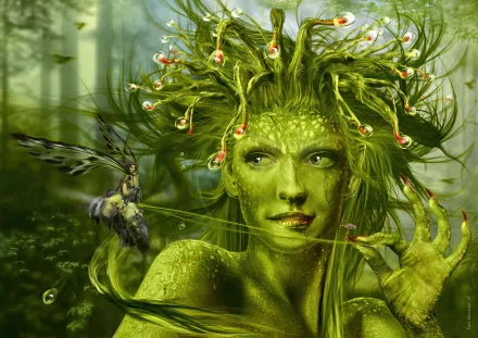 A captivating fantasy scene features a green-skinned fairy with vine-like hair and an enchanting butterfly, seamlessly blending natural beauty and magic in this HD desktop wallpaper.