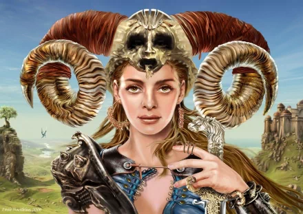 2K Quad HD PC desktop wallpaper/background: fantasy woman warrior in ornate armor and ram-horn headdress before rolling hills and a distant castle.