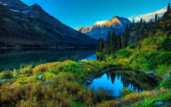 HD scenic nature wallpaper featuring a tranquil mountain lake surrounded by lush greenery and towering peaks under a clear blue sky.