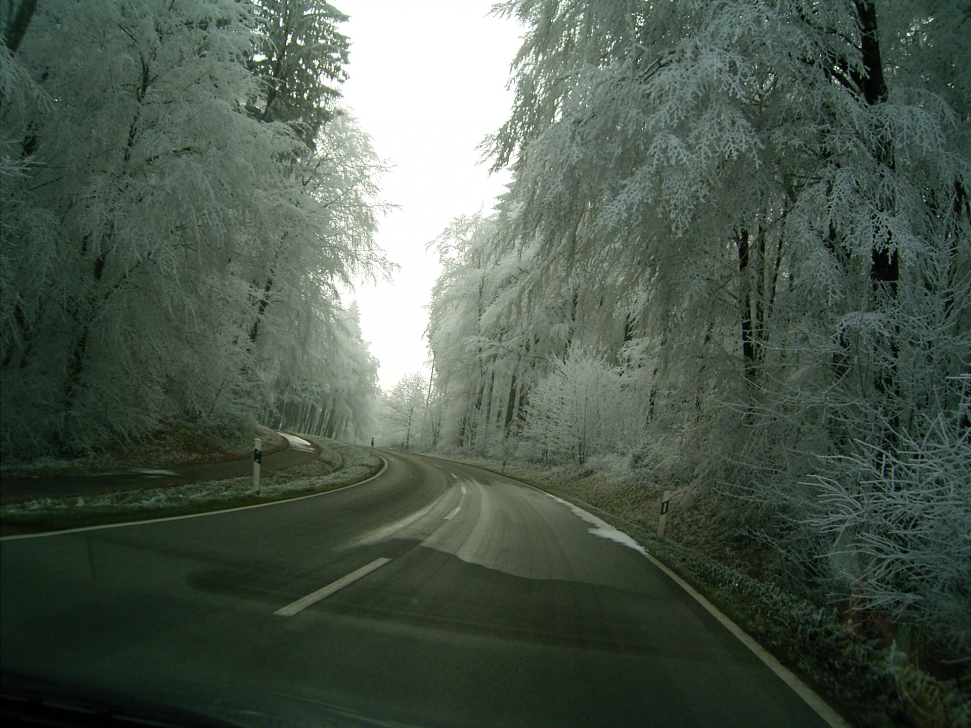 A serene winter scene featuring a winding road surrounded by frost-covered trees, creating a tranquil man-made landscape. HD PC desktop wallpaper capturing the beauty of winter.
