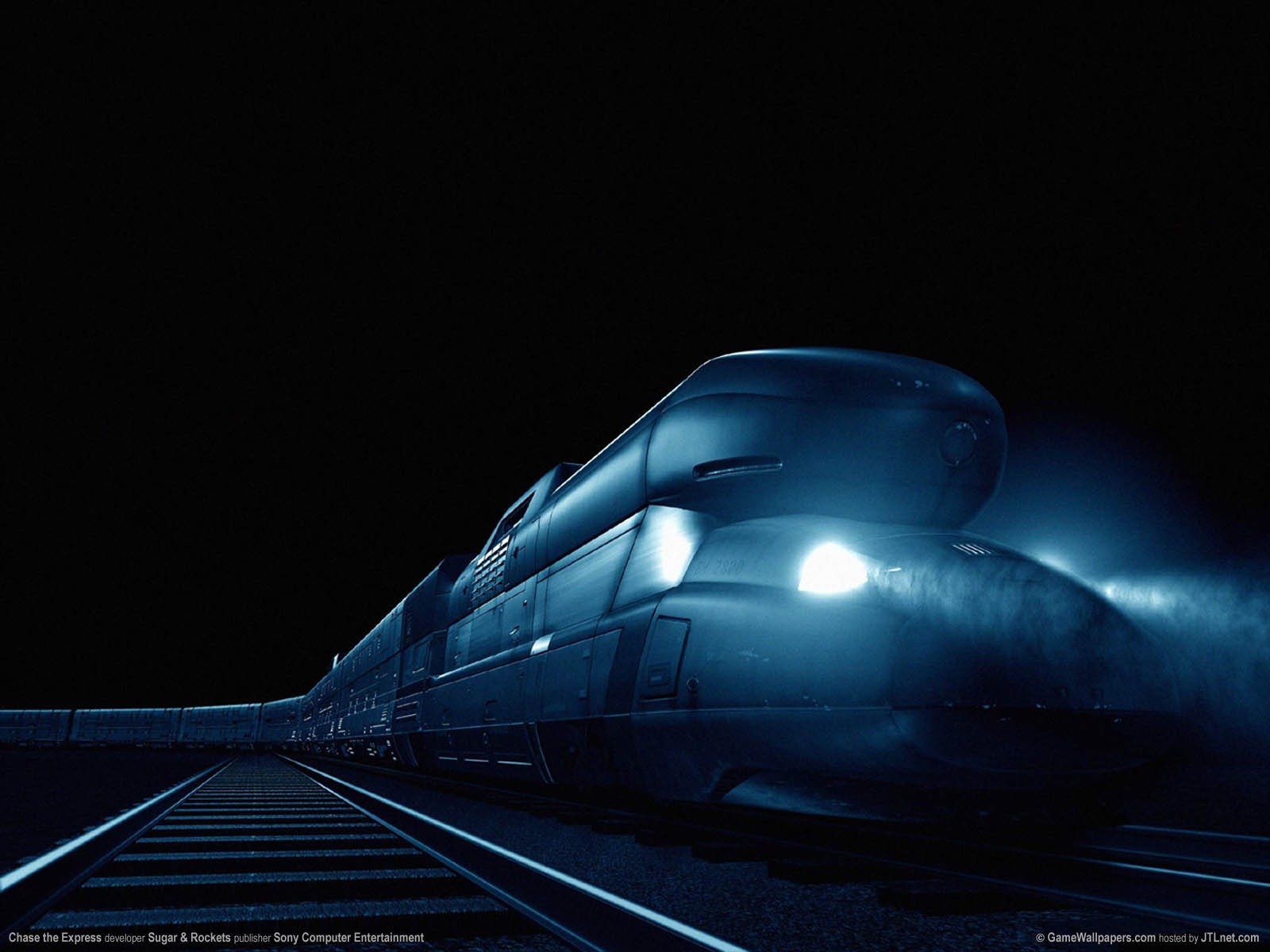 Artistic Digital Art HD PC desktop wallpaper and background: sleek blue-lit futuristic train racing along rails at night, glowing headlights.