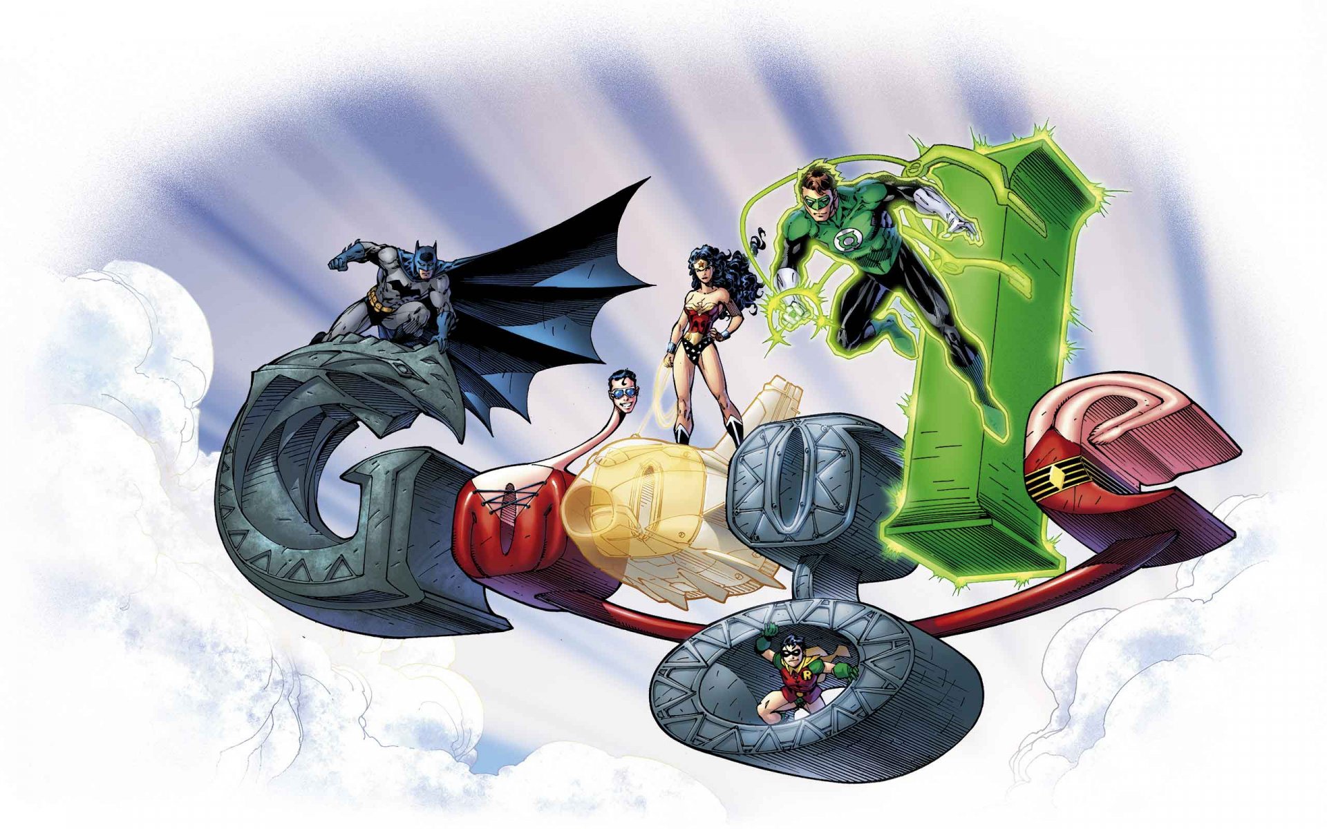 HD desktop wallpaper featuring DC Comics heroes Dick Grayson as Robin, Plastic Man, Hal Jordan as Green Lantern, Wonder Woman, and Batman soaring above the clouds in vibrant comic style.