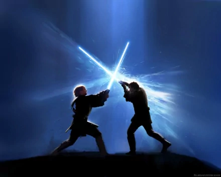 HD desktop wallpaper featuring Jedi Anakin Skywalker and Obi-Wan Kenobi dueling with blue lightsabers in a dramatic Star Wars movie scene.