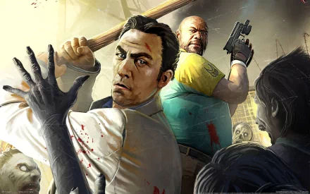 Left 4 Dead 2 2K Quad HD PC wallpaper: two survivors — one with a bat, one with a pistol — back-to-back fighting snarling zombies in a bloody, gritty urban setting.