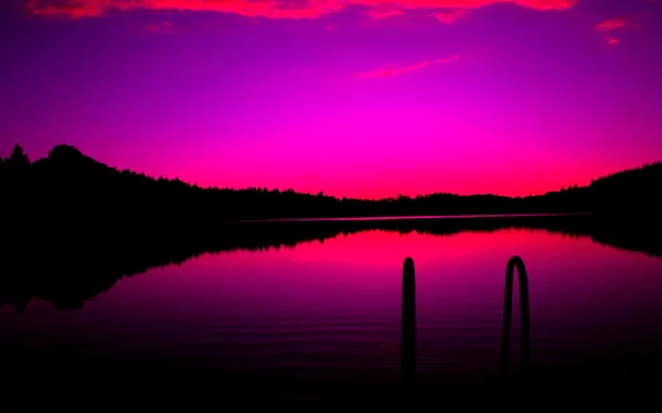 A vibrant pink and purple sunset over a calm lake with silhouetted trees, captured in 4K Ultra HD as a scenic nature desktop wallpaper.