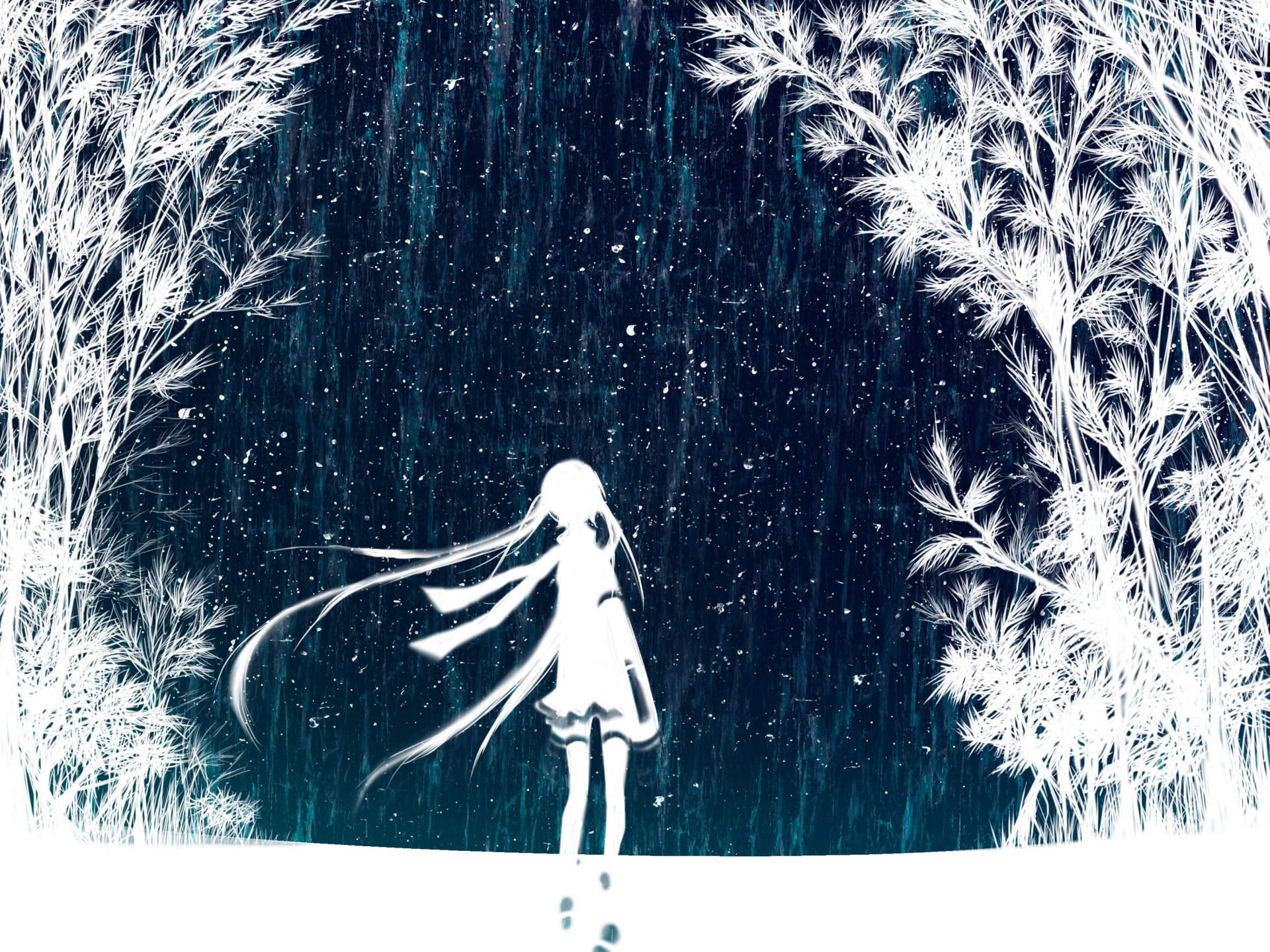 HD wallpaper featuring Hatsune Miku from Vocaloid, depicted in an anime style. The scene showcases a silhouetted Miku in a snowy, magical forest with intricate white trees against a dark blue background.