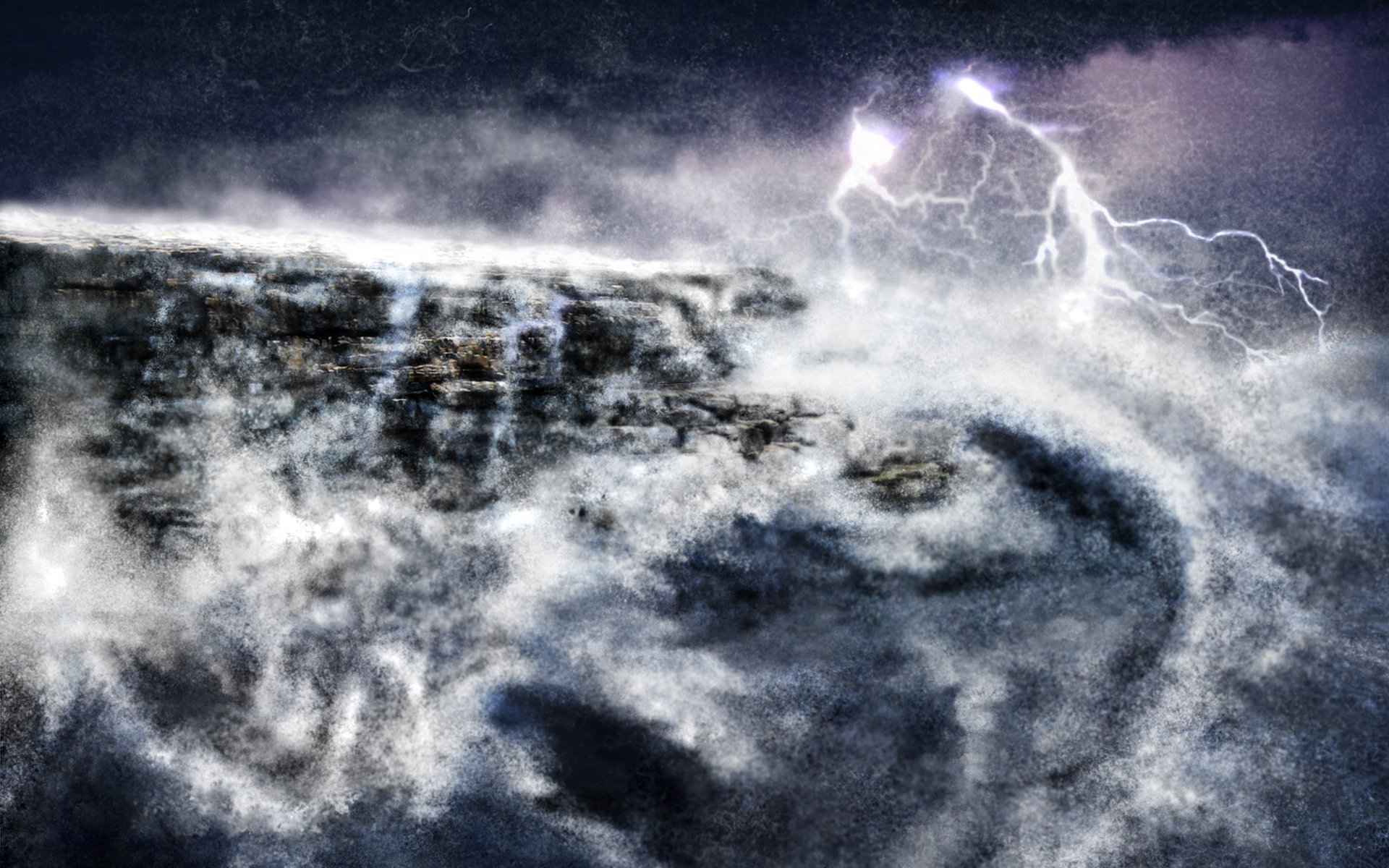 A dramatic storm scene featuring powerful lightning cutting through dark clouds, creating a striking HD wallpaper background that captures the intensity of nature.