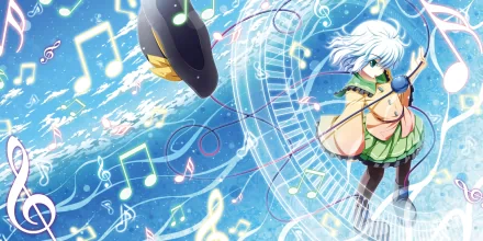 Anime-style HD desktop wallpaper of Koishi Komeiji with aqua eyes and short hair, casting magic against a bright sky filled with musical notes and ethereal symbols.