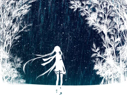 HD wallpaper featuring Hatsune Miku from Vocaloid, depicted in an anime style. The scene showcases a silhouetted Miku in a snowy, magical forest with intricate white trees against a dark blue background.
