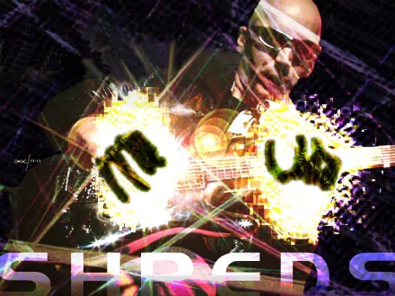 A dynamic HD desktop wallpaper featuring Joe Satriani passionately playing guitar, surrounded by vibrant, explosive visuals that capture the essence of his musical energy.