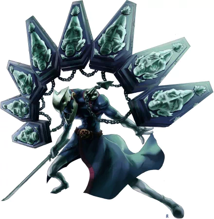 An HD wallpaper featuring a character from Persona 3, adorned with a dramatic cloak and surrounded by spectral coffins, embodying the game's unique blend of dark themes and artistry.