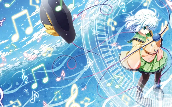 Anime-style HD desktop wallpaper of Koishi Komeiji with aqua eyes and short hair, casting magic against a bright sky filled with musical notes and ethereal symbols.