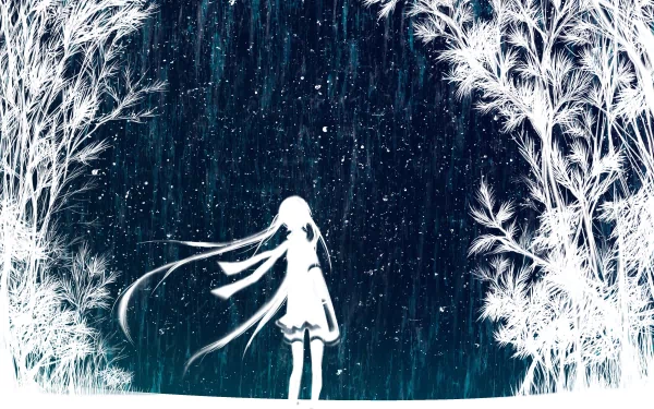 HD wallpaper featuring Hatsune Miku from Vocaloid, depicted in an anime style. The scene showcases a silhouetted Miku in a snowy, magical forest with intricate white trees against a dark blue background.