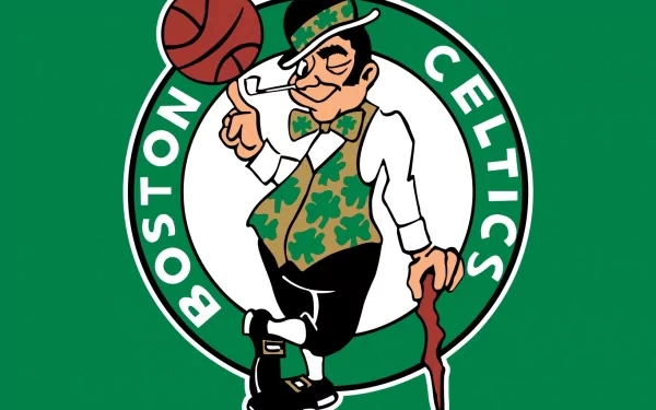 HD PC desktop wallpaper featuring the Boston Celtics logo with the leprechaun mascot spinning a basketball against a green background.