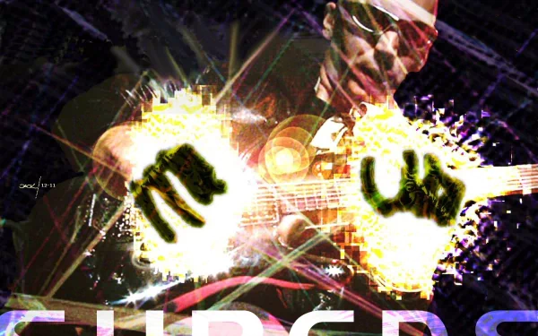 A dynamic HD desktop wallpaper featuring Joe Satriani passionately playing guitar, surrounded by vibrant, explosive visuals that capture the essence of his musical energy.
