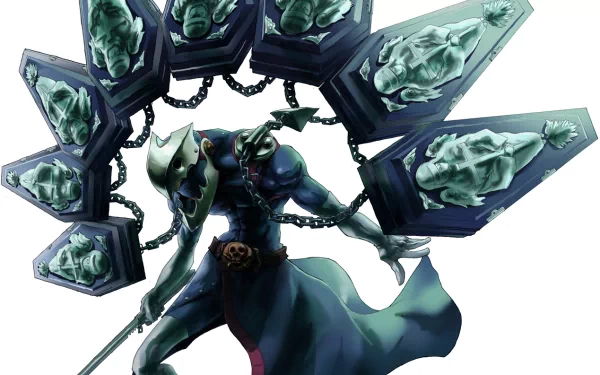 An HD wallpaper featuring a character from Persona 3, adorned with a dramatic cloak and surrounded by spectral coffins, embodying the game's unique blend of dark themes and artistry.