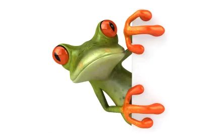 Artistic 3D Art HD PC desktop wallpaper: glossy green frog with bright orange toes peeking from behind a white edge.