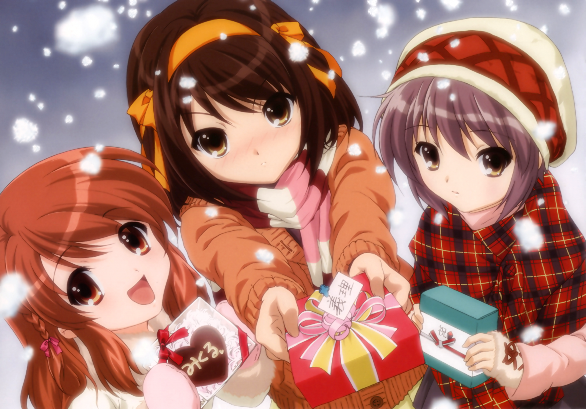 HD anime desktop wallpaper featuring Yuki Nagato, Haruhi Suzumiya, and Mikuru Asahina from The Melancholy of Haruhi Suzumiya in a snowy, festive setting.