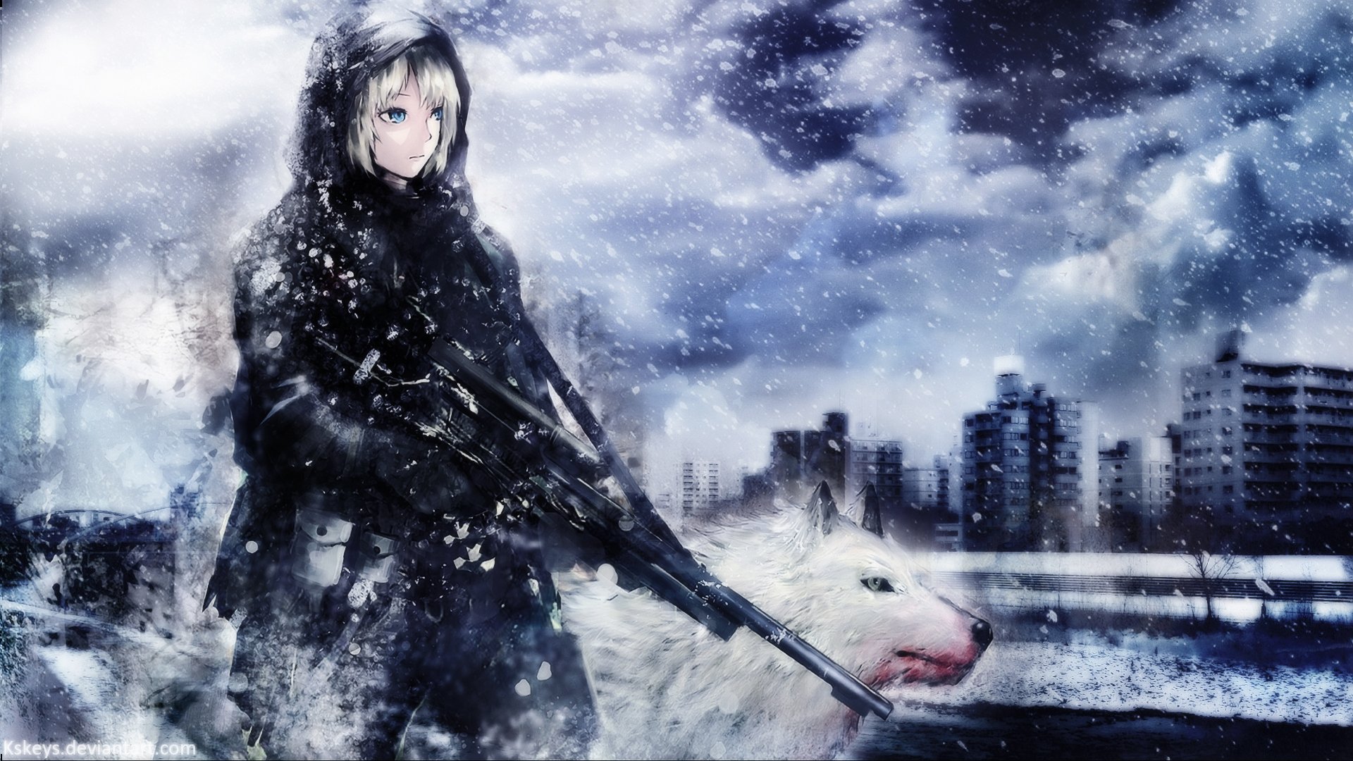 HD anime wallpaper depicting an original scene of a character in dark clothing holding a rifle, accompanied by a white wolf in a snowy urban setting.