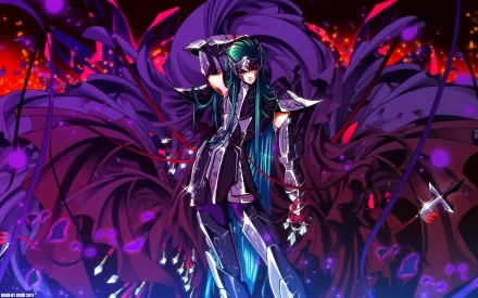 HD wallpaper featuring Aquarius Camus from the anime Saint Seiya, depicted in a striking and vibrant scene with bold colors and intricate details.