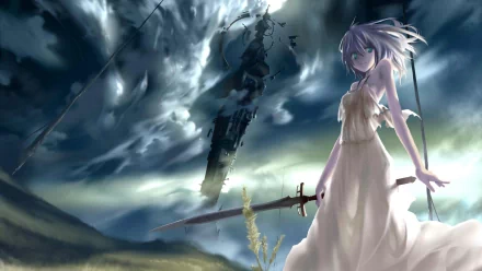 HD wallpaper of an anime girl with silver hair in a white dress, holding a sword. The background features dramatic cloudy skies and a large mysterious structure.
