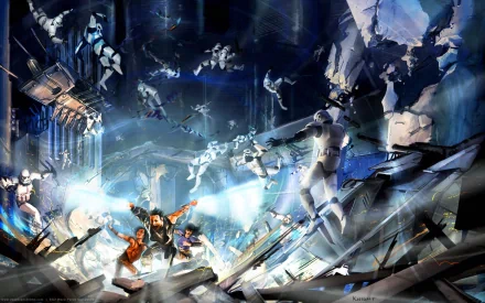 A dynamic scene from *Star Wars: The Force Unleashed*, featuring a Jedi and stormtroopers amidst chaos, showcasing the epic battles of the iconic video game.