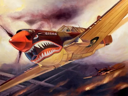 HD desktop wallpaper featuring a Curtiss P-40 Warhawk military aircraft with shark mouth nose art flying through dramatic skies.