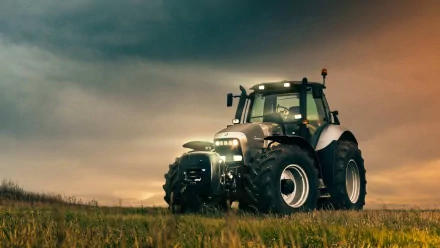 HD wallpaper featuring a tractor in a field under a cloudy sky at dusk, highlighting a powerful vehicle against a dramatic background.