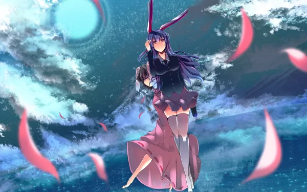HD PC desktop wallpaper of Touhou anime characters Reisen Udongein Inaba and Tewi Inaba standing beneath a luminous, clouded night sky as pink petals drift around them.