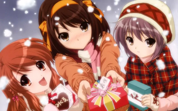 HD anime desktop wallpaper featuring Yuki Nagato, Haruhi Suzumiya, and Mikuru Asahina from The Melancholy of Haruhi Suzumiya in a snowy, festive setting.