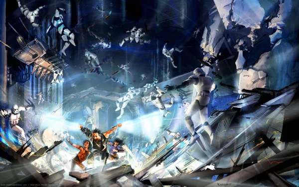 A dynamic scene from *Star Wars: The Force Unleashed*, featuring a Jedi and stormtroopers amidst chaos, showcasing the epic battles of the iconic video game.