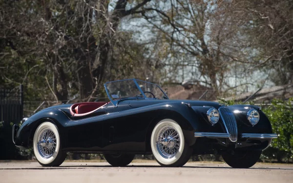 HD desktop wallpaper featuring a classic Jaguar XK120 with sleek black body and whitewall tires parked outdoors against a backdrop of trees.