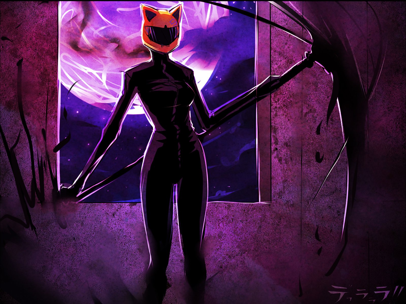 A striking HD wallpaper featuring a character from the anime Durarara!!, standing in silhouette against a vibrant, cosmic backdrop with a scythe in hand.